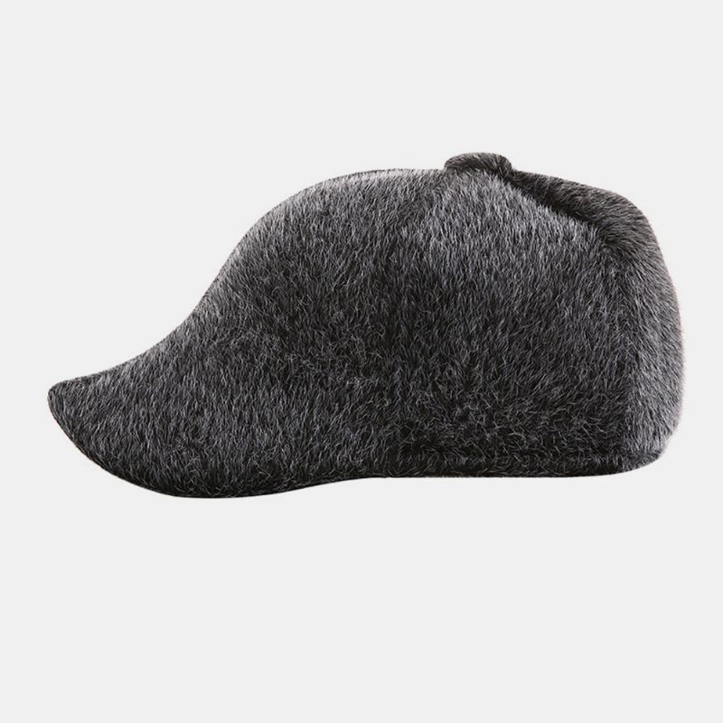 Hombres Casual Exterior Cálido Color Sólido Protección Para Los Oídos Faux Mink Hair Forward Hat Sombrero De Boina