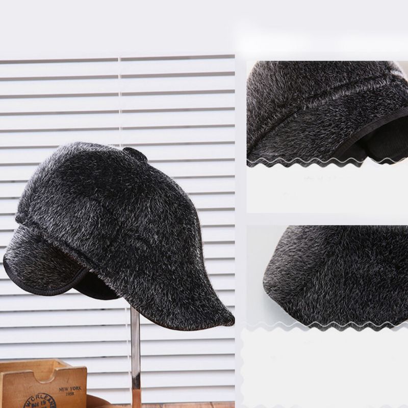 Hombres Casual Exterior Cálido Color Sólido Protección Para Los Oídos Faux Mink Hair Forward Hat Sombrero De Boina