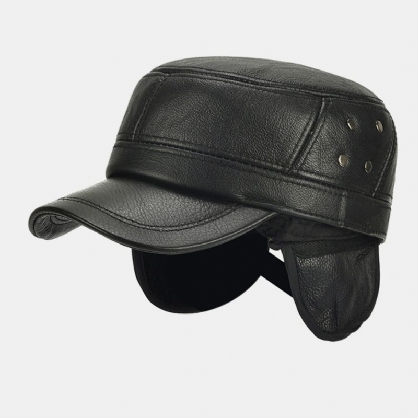 Hombres De Cuero Genuino Cálido Retro Orejeras Protección Papá Sombrero Sombrero Militar Gorra Con Visera