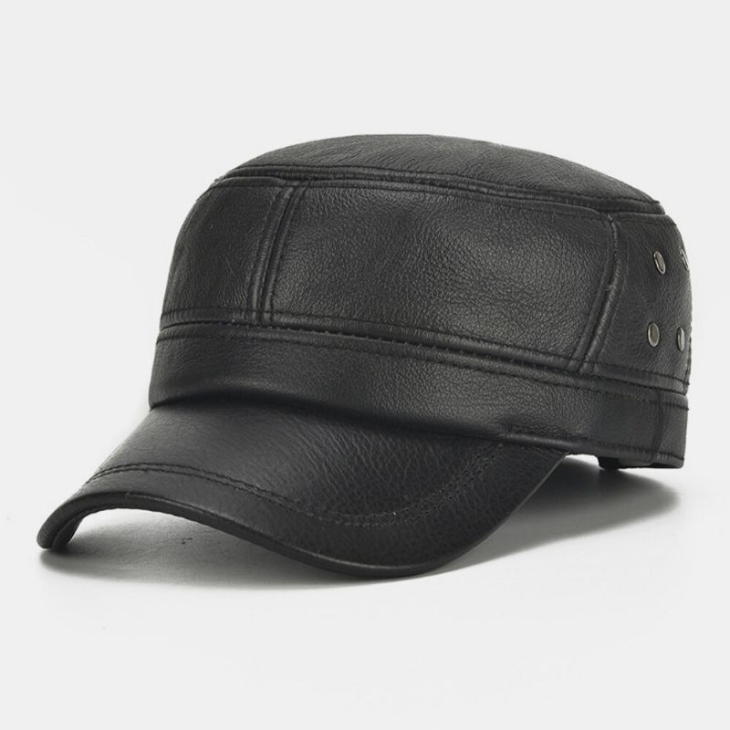 Hombres De Cuero Genuino Cálido Retro Orejeras Protección Papá Sombrero Sombrero Militar Gorra Con Visera