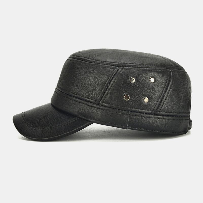 Hombres De Cuero Genuino Cálido Retro Orejeras Protección Papá Sombrero Sombrero Militar Gorra Con Visera