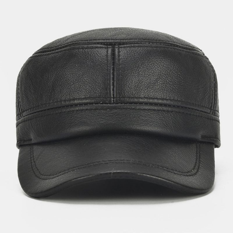 Hombres De Cuero Genuino Cálido Retro Orejeras Protección Papá Sombrero Sombrero Militar Gorra Con Visera