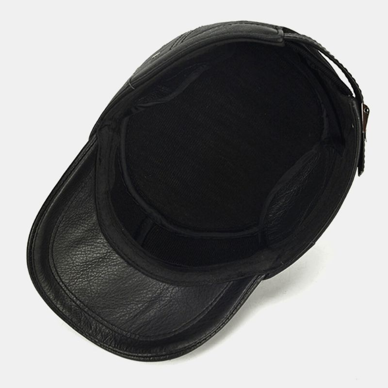 Hombres De Cuero Genuino Cálido Retro Orejeras Protección Papá Sombrero Sombrero Militar Gorra Con Visera