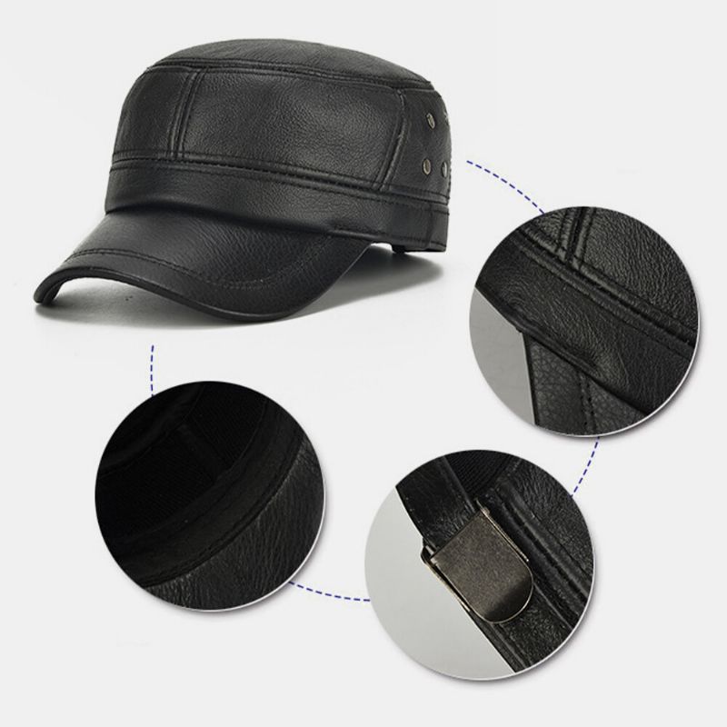 Hombres De Cuero Genuino Cálido Retro Orejeras Protección Papá Sombrero Sombrero Militar Gorra Con Visera