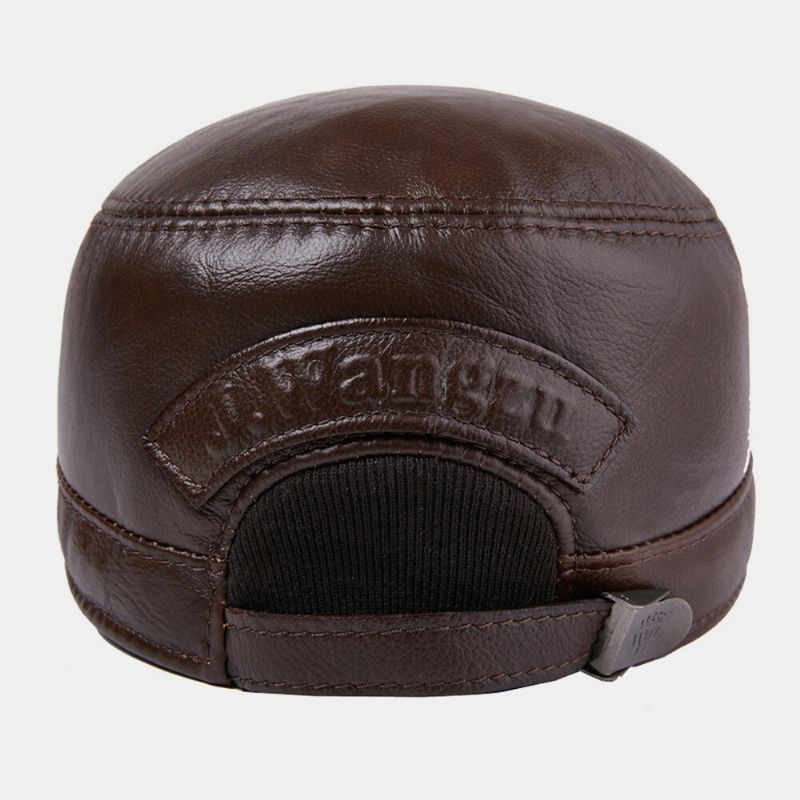 Hombres De Cuero Genuino Casual Cálido Protección Para Los Oídos Almohadillas Para Los Oídos Etiqueta De Metal Sombrero Plano Sombrero De Béisbol