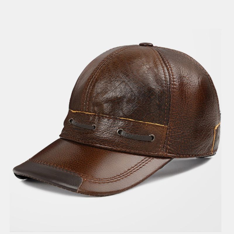 Hombres De Cuero Genuino Casual Color Clásico Más Thicken Keep Warm Gorra De Béisbol