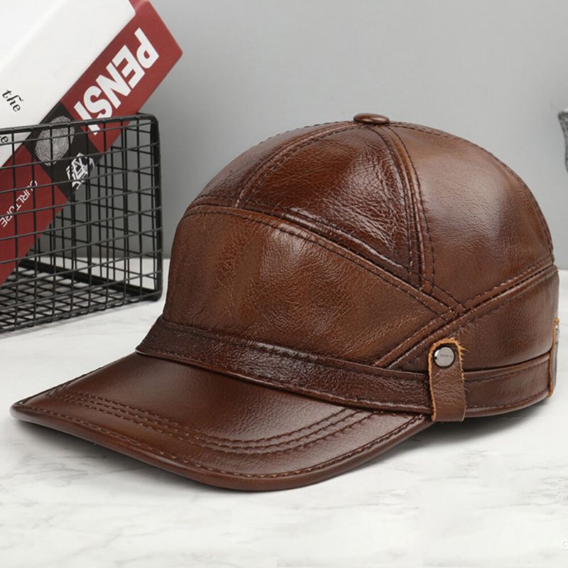 Hombres De Cuero Genuino Casual Color Clásico Más Thicken Keep Warm Gorra De Béisbol