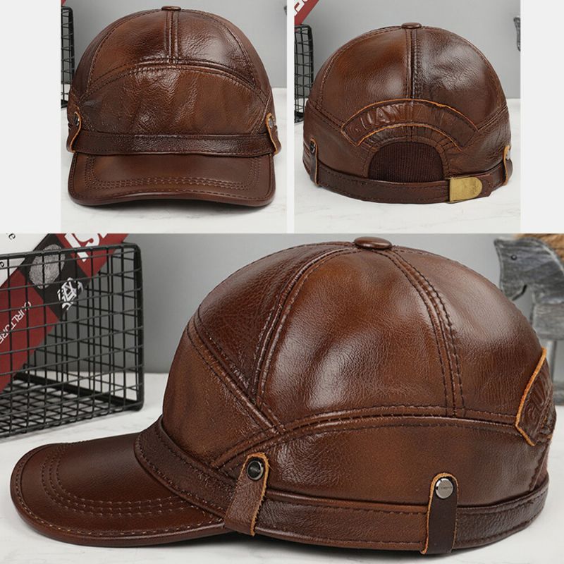 Hombres De Cuero Genuino Casual Color Clásico Más Thicken Keep Warm Gorra De Béisbol