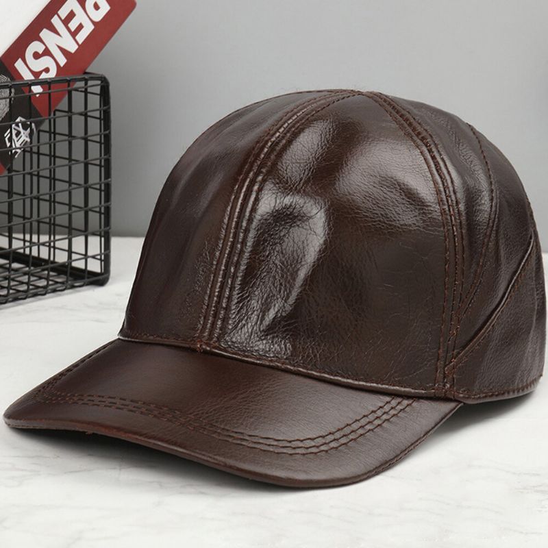 Hombres De Cuero Genuino Casual Color Clásico Más Thicken Keep Warm Gorra De Béisbol