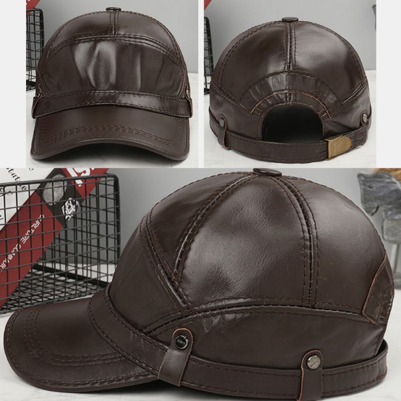 Hombres De Cuero Genuino Casual Color Clásico Más Thicken Keep Warm Gorra De Béisbol