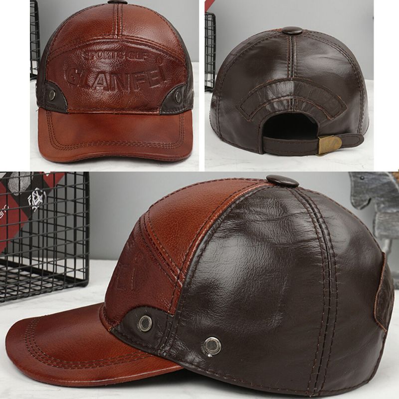 Hombres De Cuero Genuino Casual Color De Contraste Más Thicken Keep Warm Protección Para Los Oídos Sombrero De Béisbol