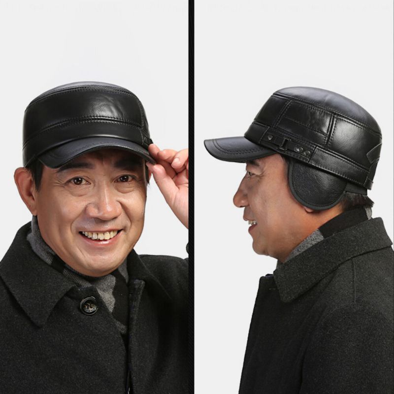 Hombres De Cuero Genuino Invierno Manténgase Abrigado Protección Para Los Oídos Sombrero Plano De Color Sólido Sombrero Con Pico