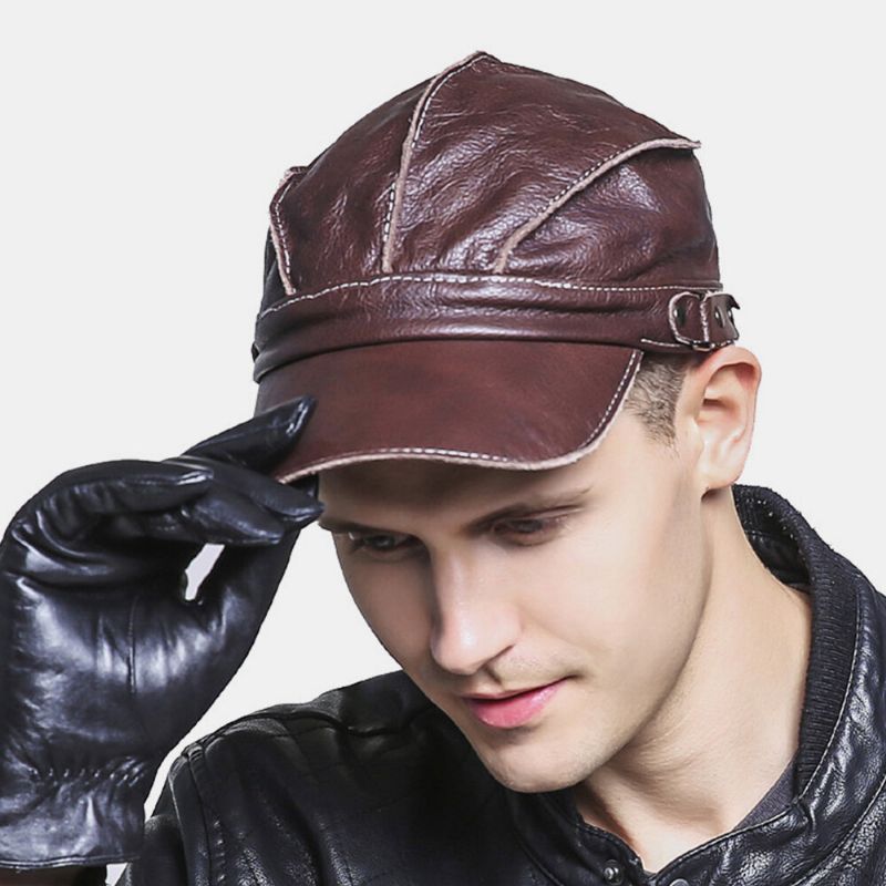 Hombres De Cuero Genuino Moda Casual Rayas Patrón Street Trend Sunvisor Sombrero De Béisbol