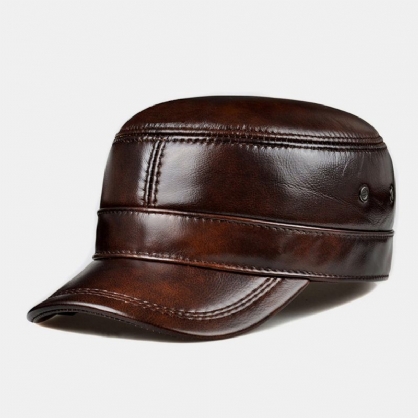 Hombres De Cuero Genuino Retro Color Clásico Protección Para Los Oídos Mantener Caliente Sombrero Militar Sombrero Plano Gorra Con Visera