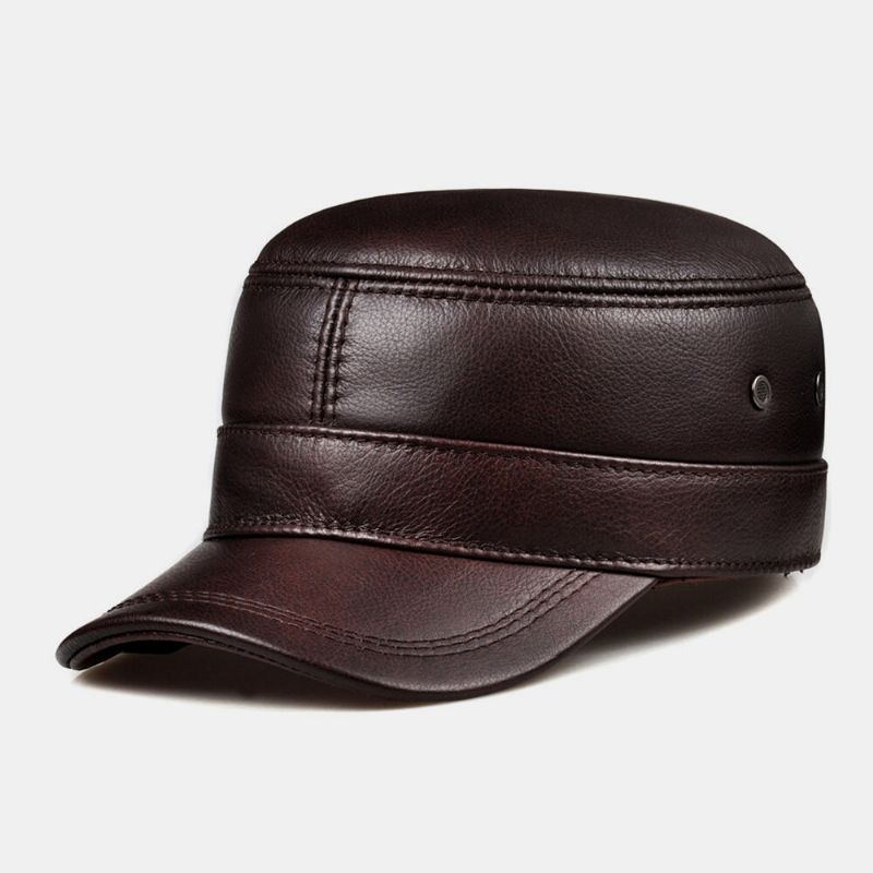 Hombres De Cuero Genuino Retro Color Clásico Protección Para Los Oídos Mantener Caliente Sombrero Militar Sombrero Plano Gorra Con Visera