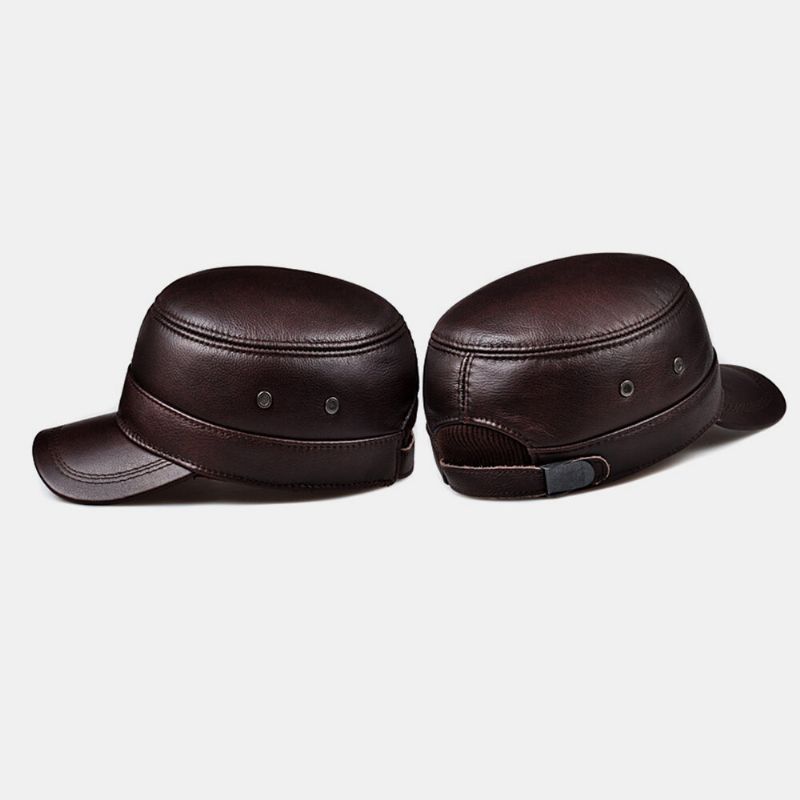 Hombres De Cuero Genuino Retro Color Clásico Protección Para Los Oídos Mantener Caliente Sombrero Militar Sombrero Plano Gorra Con Visera