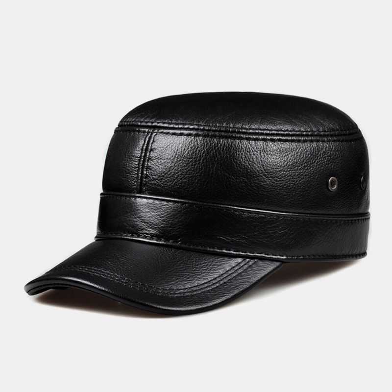 Hombres De Cuero Genuino Retro Color Clásico Protección Para Los Oídos Mantener Caliente Sombrero Militar Sombrero Plano Gorra Con Visera