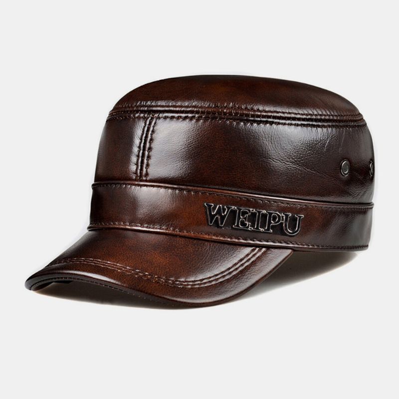 Hombres De Cuero Genuino Retro Color Clásico Protección Para Los Oídos Mantener Caliente Sombrero Militar Sombrero Plano Gorra Con Visera