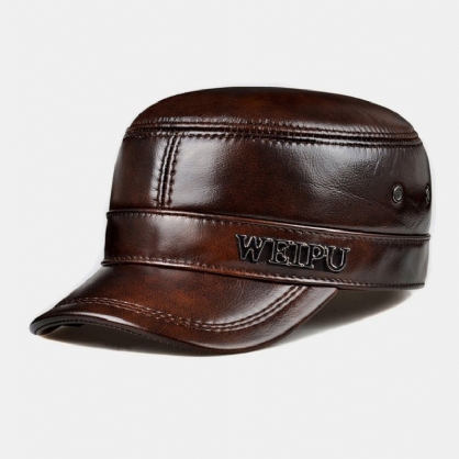 Hombres De Cuero Genuino Retro Color Clásico Protección Para Los Oídos Mantener Caliente Sombrero Militar Sombrero Plano Gorra Con Visera