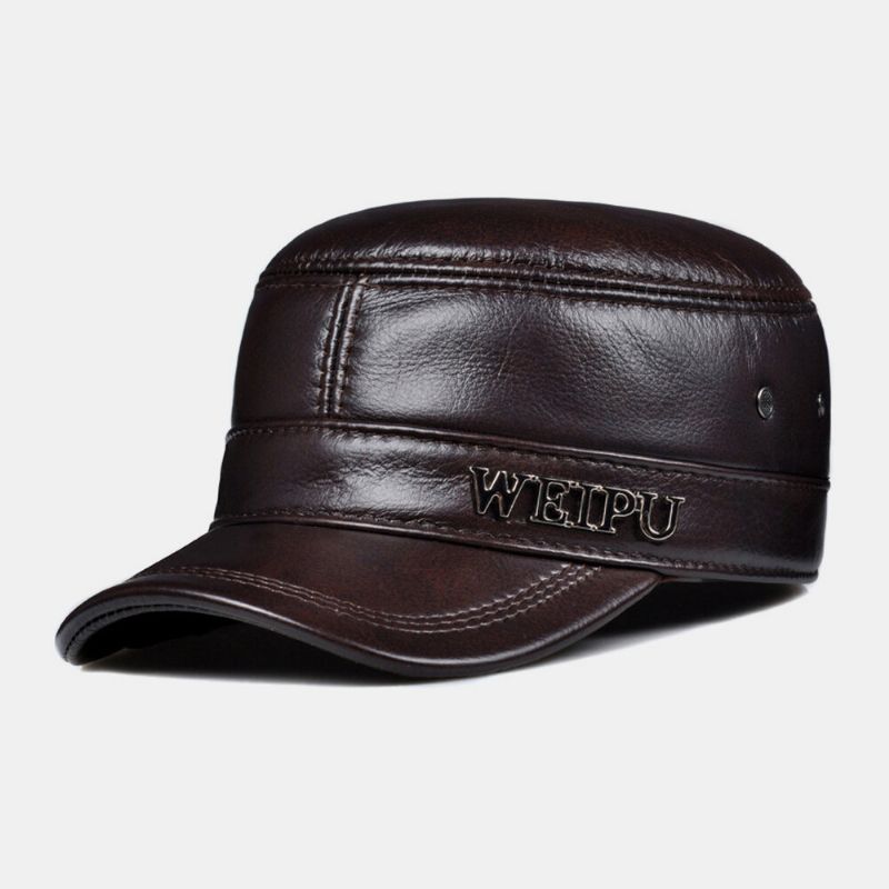 Hombres De Cuero Genuino Retro Color Clásico Protección Para Los Oídos Mantener Caliente Sombrero Militar Sombrero Plano Gorra Con Visera