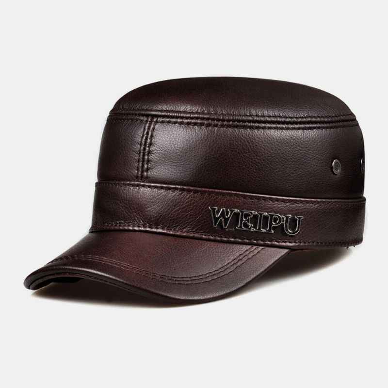 Hombres De Cuero Genuino Retro Color Clásico Protección Para Los Oídos Mantener Caliente Sombrero Militar Sombrero Plano Gorra Con Visera