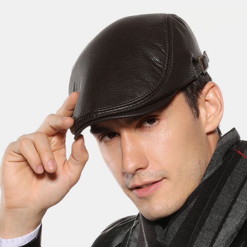 Hombres De Cuero De Imitación Mantener Cálido Color Sólido Retro Casual Forward Hat Sombrero De Boina