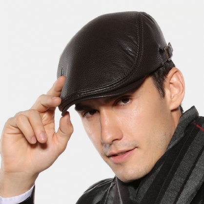 Hombres De Cuero De Imitación Mantener Cálido Color Sólido Retro Casual Forward Hat Sombrero De Boina