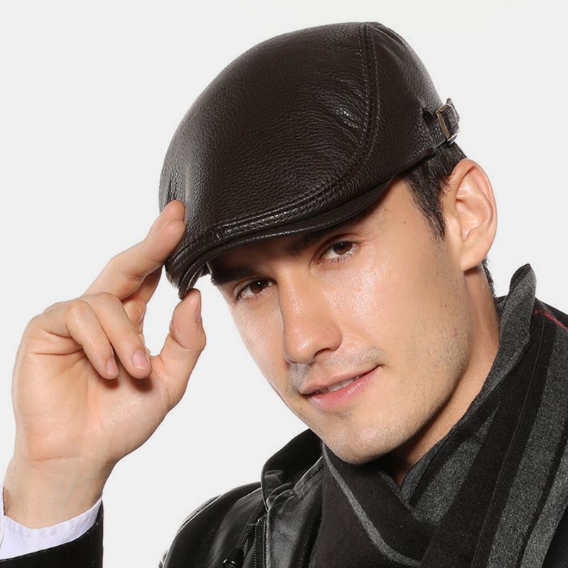 Hombres De Cuero De Imitación Mantener Cálido Color Sólido Retro Casual Forward Hat Sombrero De Boina