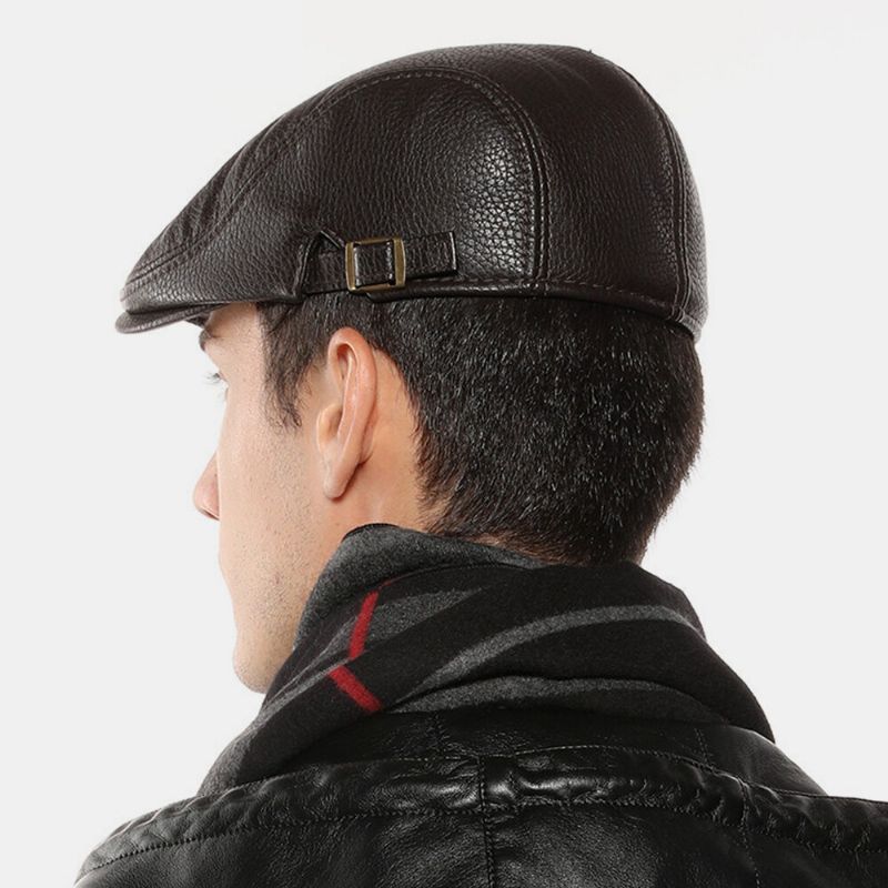 Hombres De Cuero De Imitación Mantener Cálido Color Sólido Retro Casual Forward Hat Sombrero De Boina