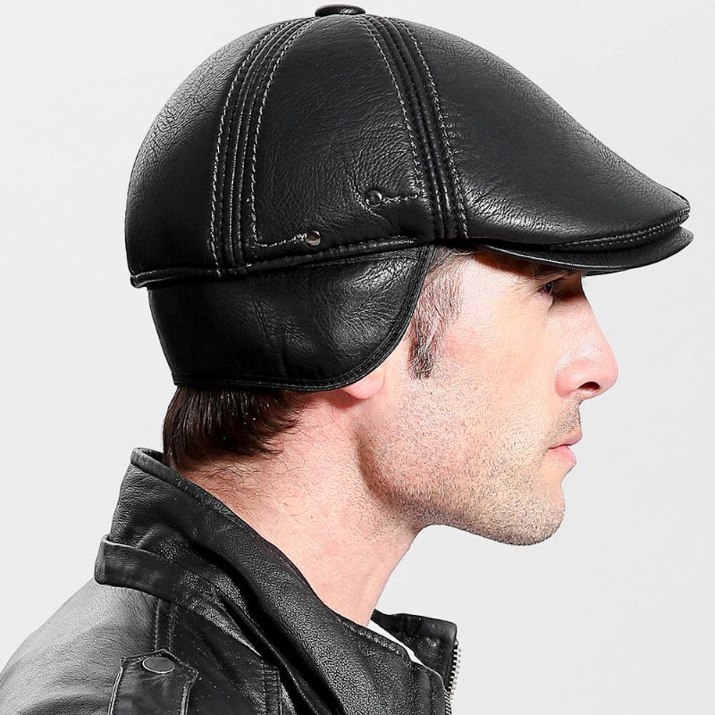 Hombres De Cuero De Imitación Mantener Caliente Protección Para Los Oídos Color Sólido Retro Casual Forward Hat Sombrero De Boina