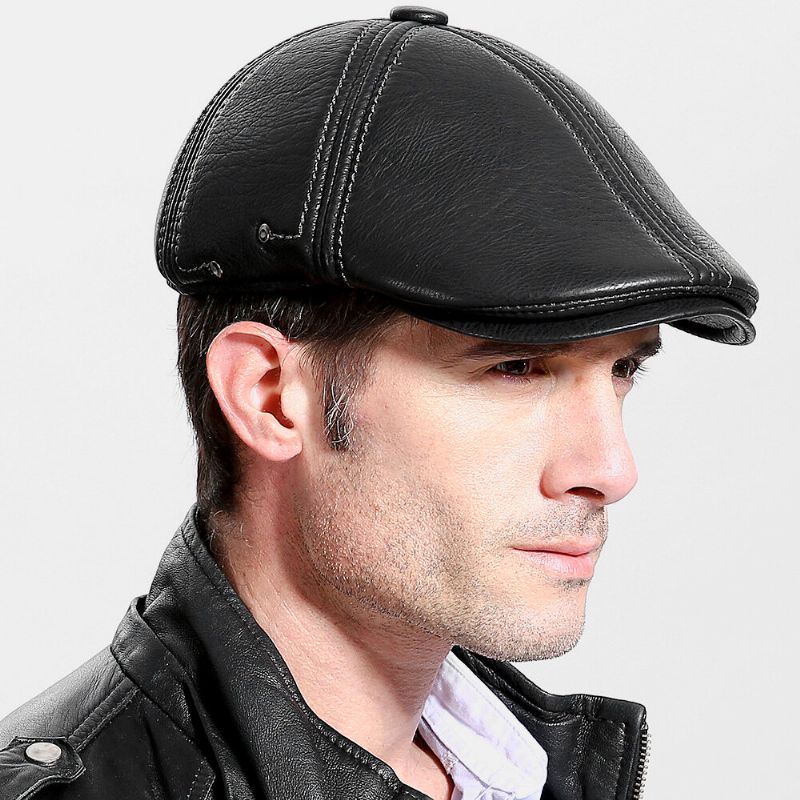 Hombres De Cuero De Imitación Mantener Caliente Protección Para Los Oídos Color Sólido Retro Casual Forward Hat Sombrero De Boina