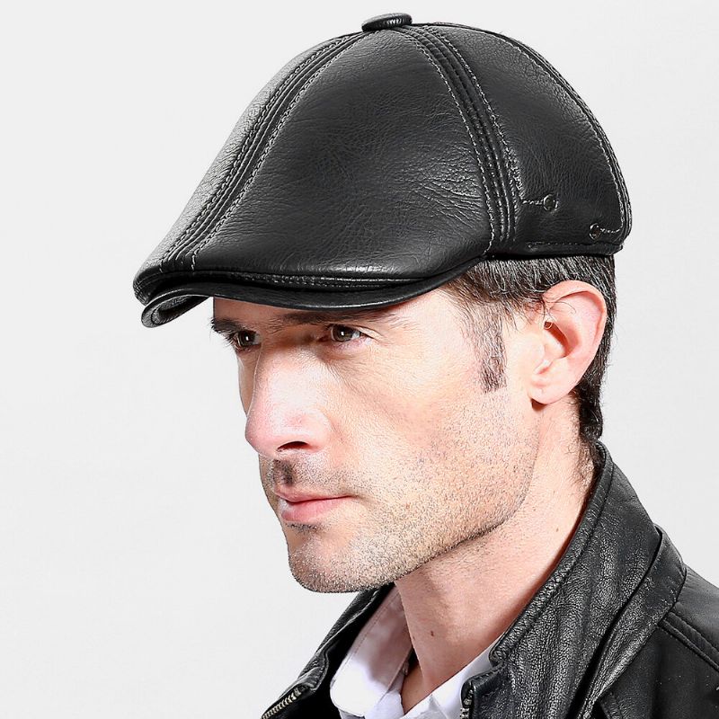 Hombres De Cuero De Imitación Mantener Caliente Protección Para Los Oídos Color Sólido Retro Casual Forward Hat Sombrero De Boina