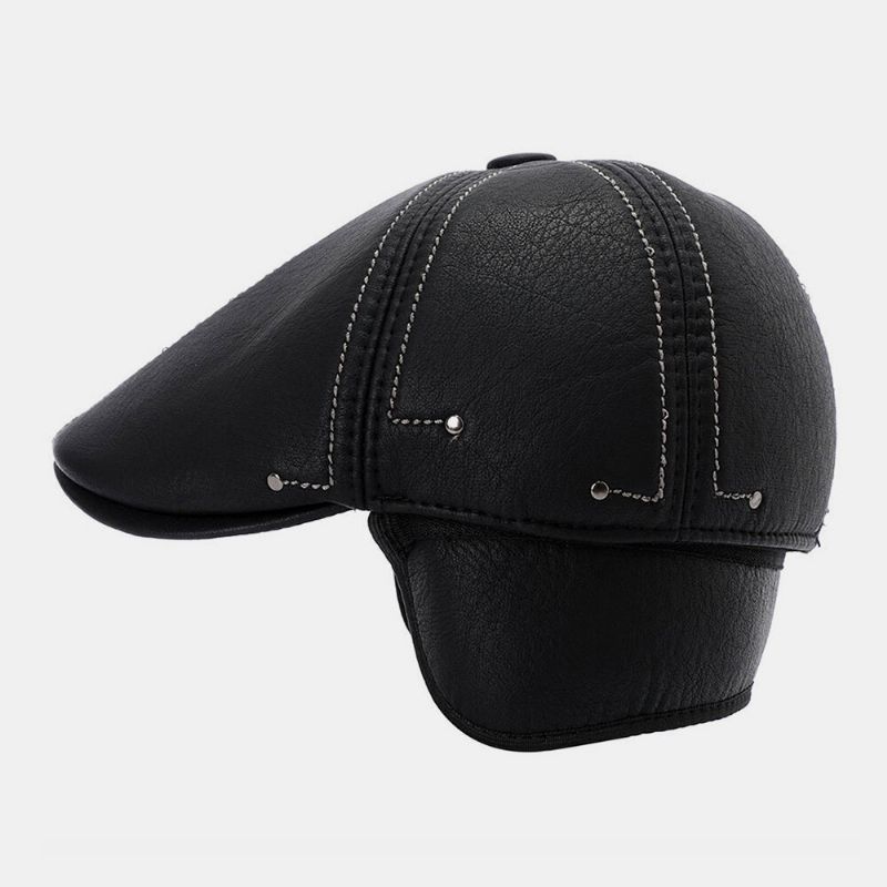 Hombres De Cuero De Imitación Mantener Caliente Protección Para Los Oídos Color Sólido Retro Casual Forward Hat Sombrero De Boina