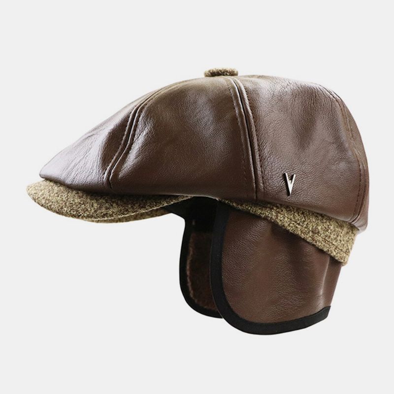 Hombres De Cuero De Imitación Retro Casual Color Sólido Protección Para Los Oídos Sombrero Delantero Sombrero Octogonal Boina Gorra