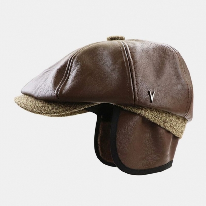 Hombres De Cuero De Imitación Retro Casual Color Sólido Protección Para Los Oídos Sombrero Delantero Sombrero Octogonal Boina Gorra