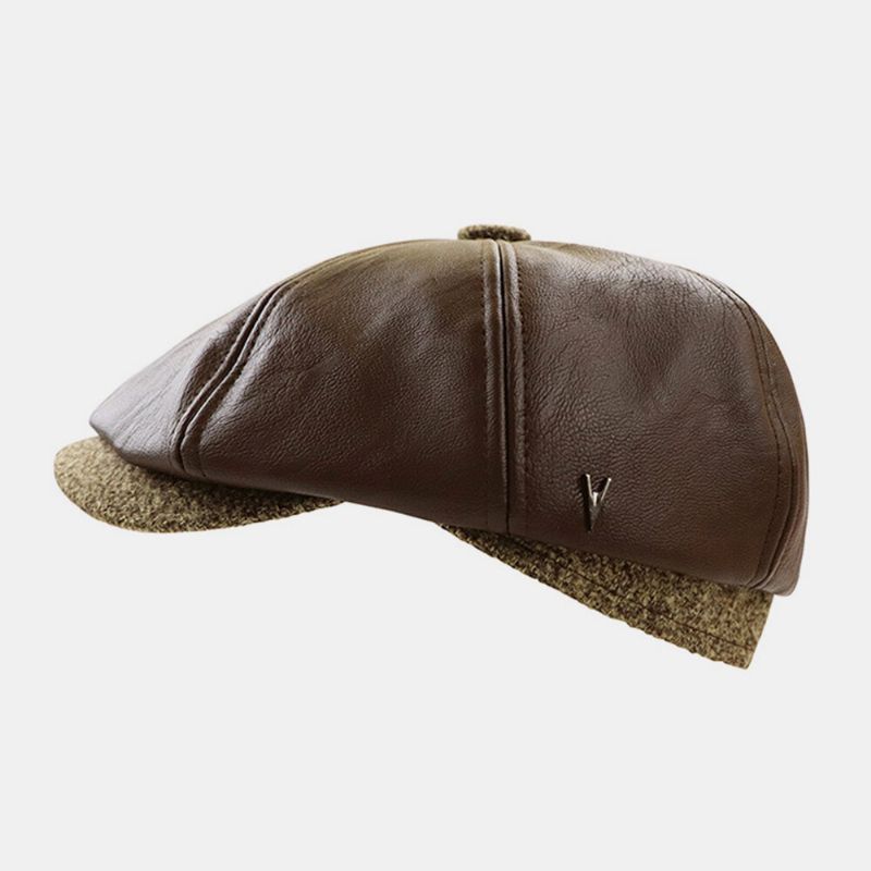 Hombres De Cuero De Imitación Retro Casual Color Sólido Protección Para Los Oídos Sombrero Delantero Sombrero Octogonal Boina Gorra