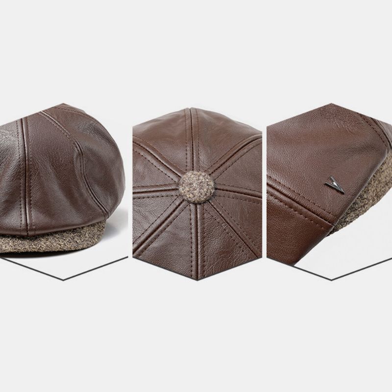 Hombres De Cuero De Imitación Retro Casual Color Sólido Protección Para Los Oídos Sombrero Delantero Sombrero Octogonal Boina Gorra