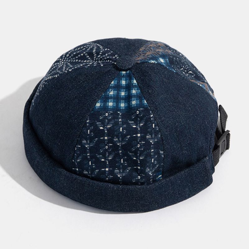 Hombres Denim Color A Juego Ajustable Retro Brimless Beanie Landlord Cap Skull Cap