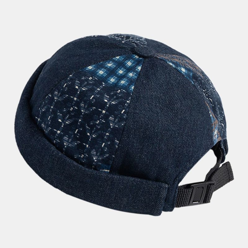 Hombres Denim Color A Juego Ajustable Retro Brimless Beanie Landlord Cap Skull Cap