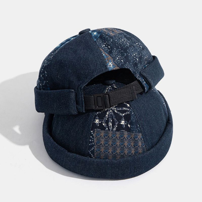 Hombres Denim Color A Juego Ajustable Retro Brimless Beanie Landlord Cap Skull Cap