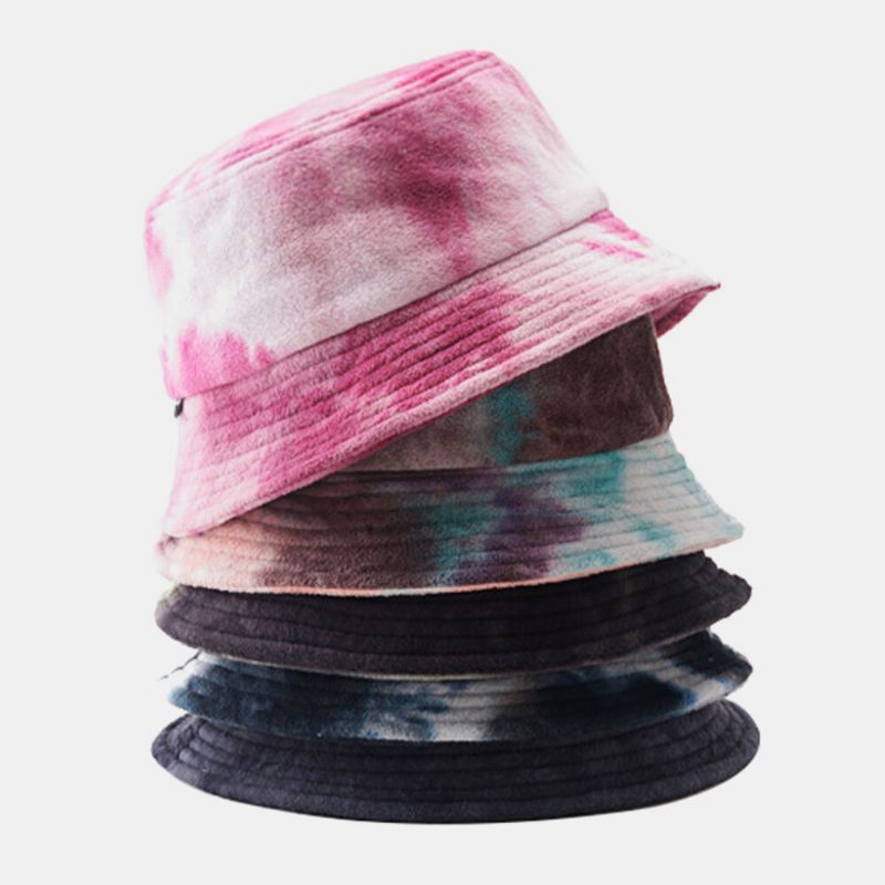 Hombres Felpa Tie-dye Contraste Color Estilo Hip-hop Cálido Sombrero De Cubo Informal