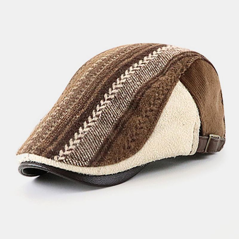 Hombres Fieltro Estilo Británico Patrón De Rayas Retro Casual Mantener Caliente Hacia Adelante Sombrero Sombrero De Boina