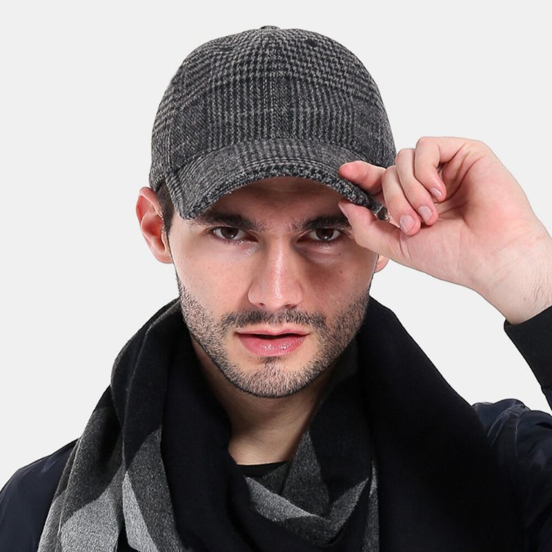 Hombres Fieltro Estilo Británico Plaids Patchwork Color Todo-fósforo Gorra De Béisbol Cálida Diaria