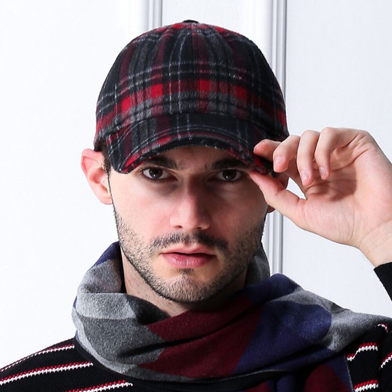 Hombres Fieltro Estilo Británico Plaids Patchwork Color Todo-fósforo Gorra De Béisbol Cálida Diaria