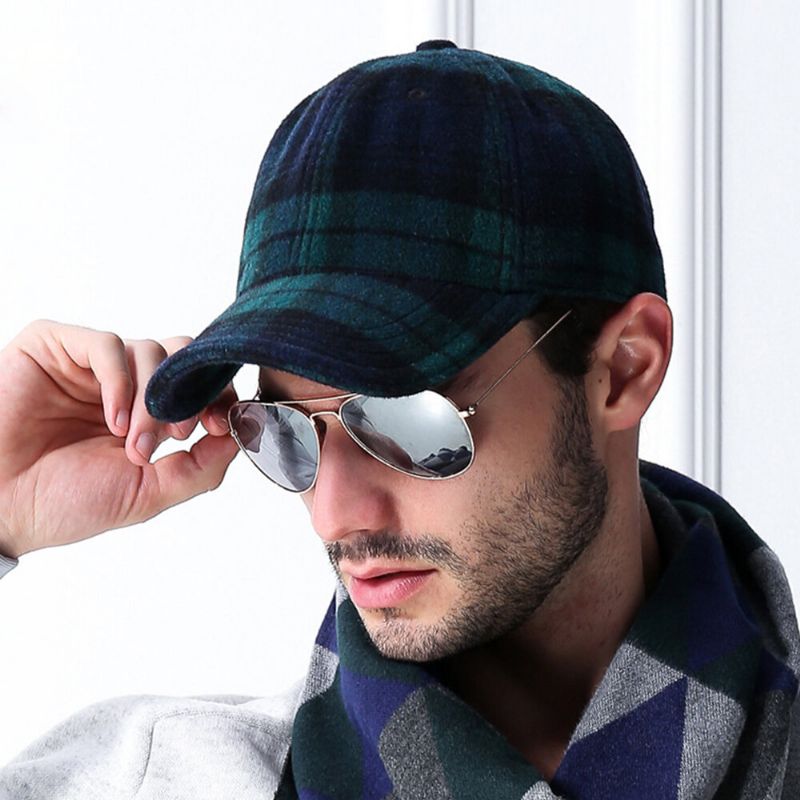 Hombres Fieltro Estilo Británico Plaids Patchwork Color Todo-fósforo Gorra De Béisbol Cálida Diaria