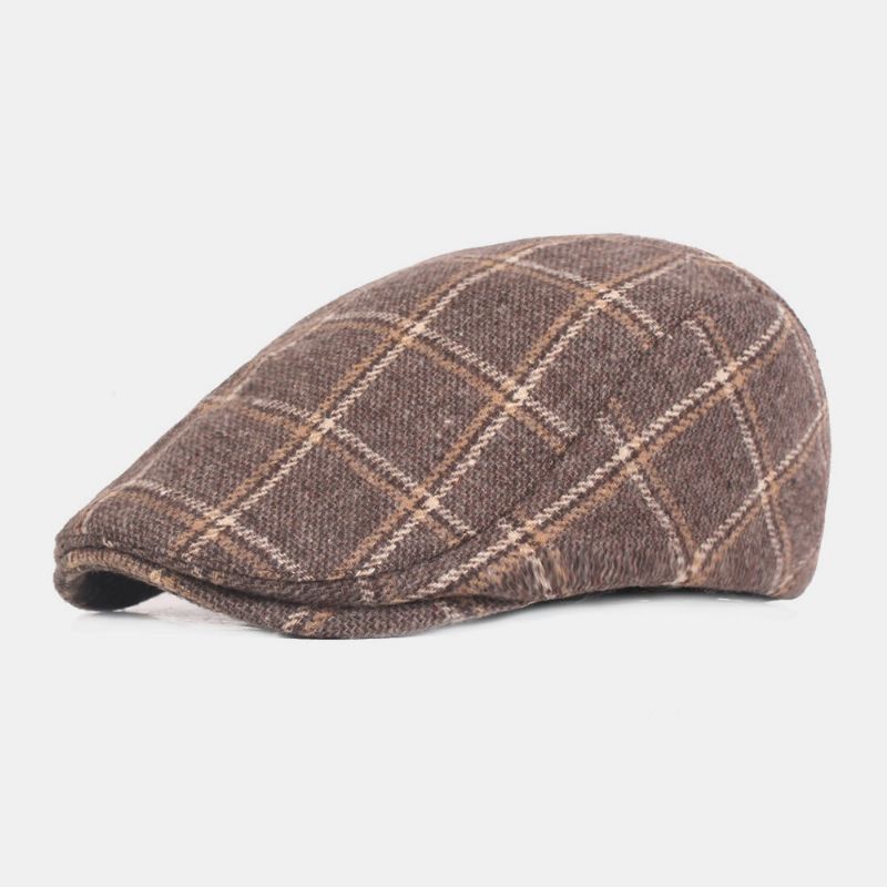 Hombres Fieltro Plaids Retro Estilo Británico Casual Cálido Sombrero Plano Térmico Adelante Sombrero Boina