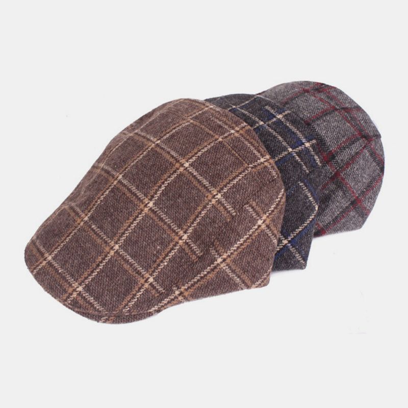 Hombres Fieltro Plaids Retro Estilo Británico Casual Cálido Sombrero Plano Térmico Adelante Sombrero Boina