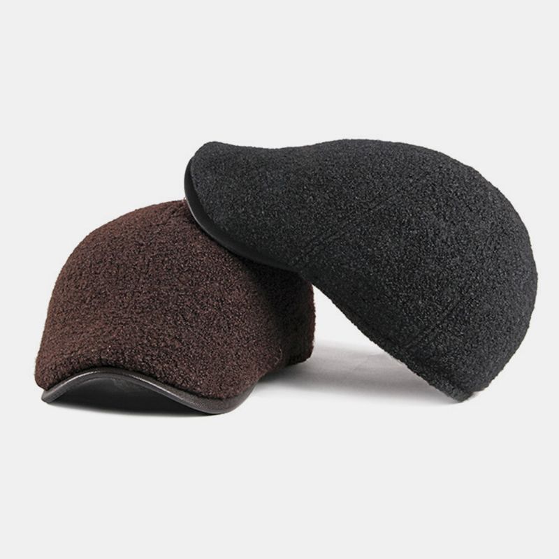 Hombres Fieltro Protección Para Los Oídos Invierno Exterior Color Sólido Casual Universal Plus Thicken Plus Velvet Beret Hat Forward Hat