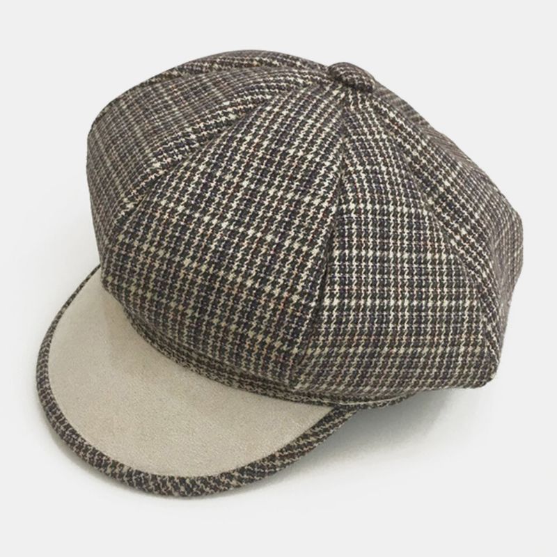 Hombres Gamuza Y Lana Retro Contraste Color Plaids Casual Sombrero Octogonal Boina Sombrero