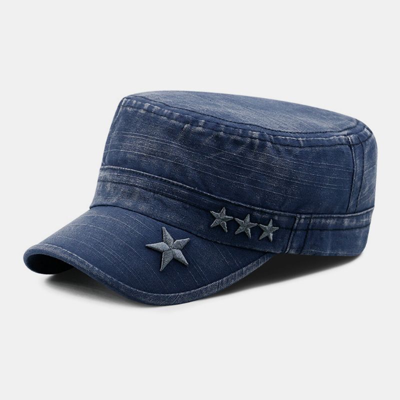 Hombres Hechos A Mano De Mezclilla Con Patrón De Bordado De Estrellas Visera Solar Transpirable Sombrero Militar Sombrero Plano Gorra Con Visera